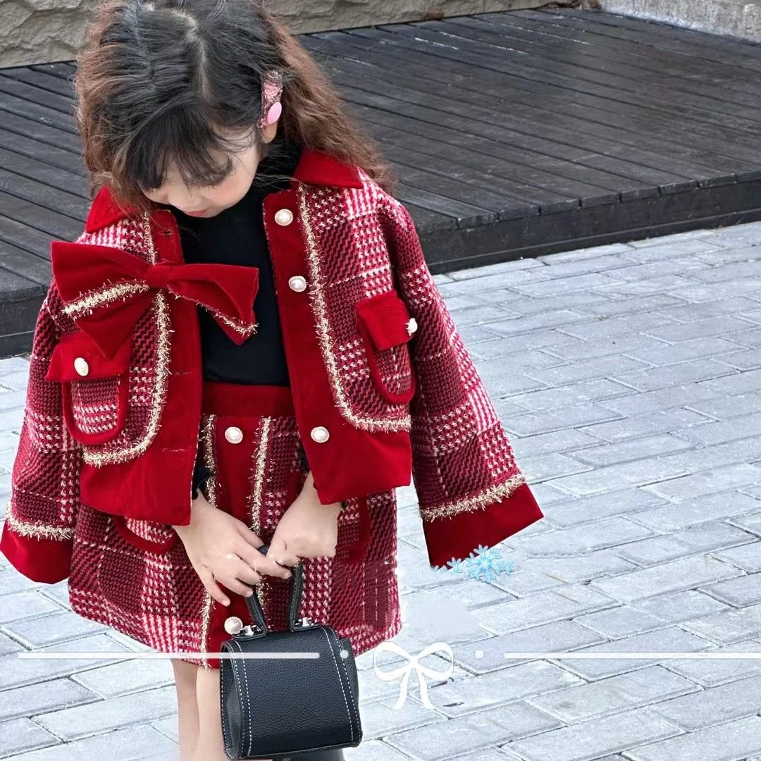 Girls Fashion Thicken Plaid Knit Sets Red Jacket and Skirt 2 Piece Set Winter Autumn Birthday Party Costumes for Kids