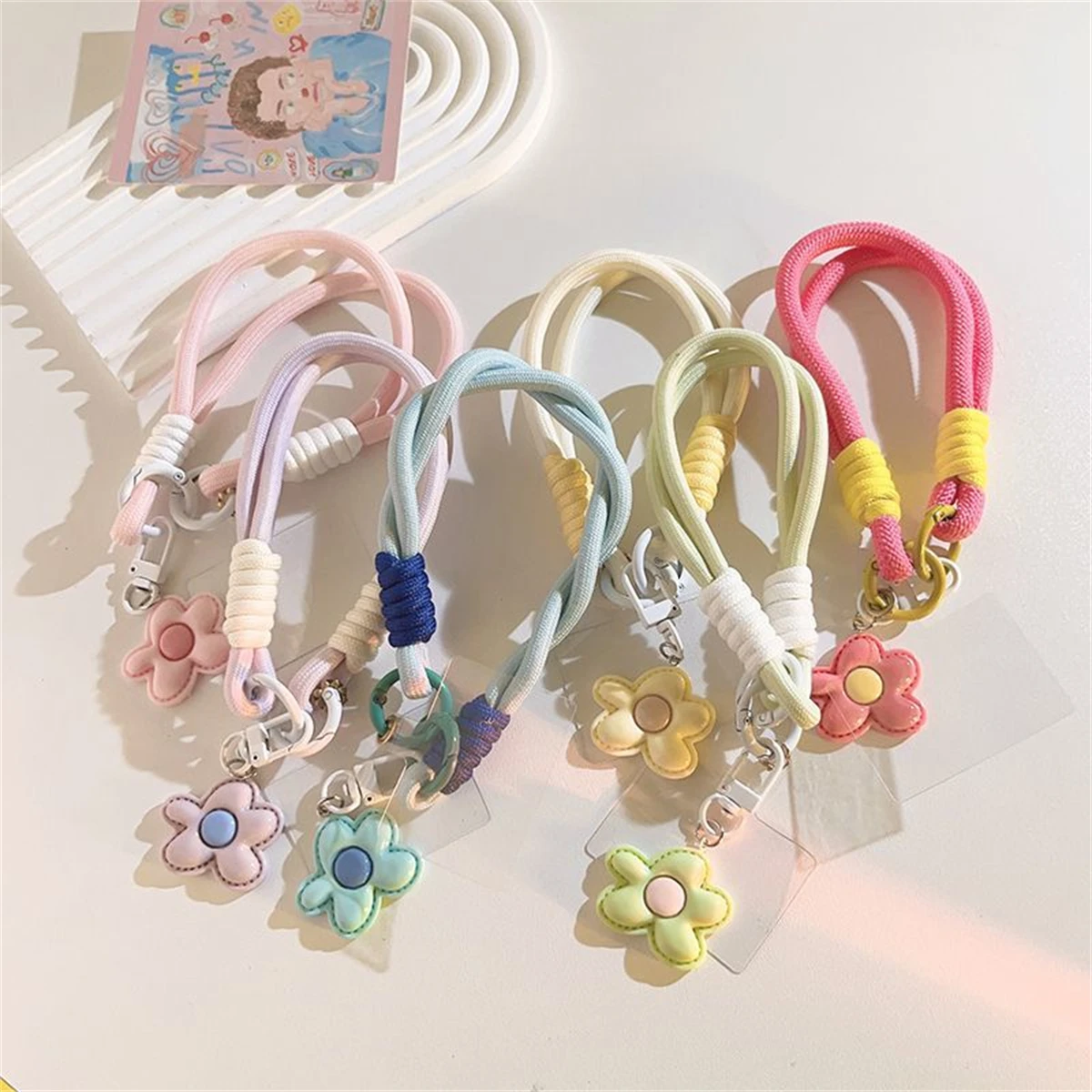 Cute Leather Flower Strap For Phone Lanyard Strap Hanging Chain Ring Cord With Patch Wrist Strap Phone Holder Detachable Rope