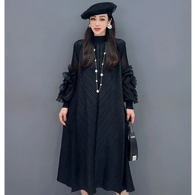 Vefadisa 2024 Summer New Black Pleated Dress Long Sleeved Round Neck Patchwork Sleeved Mid Length Women Dress HLX113