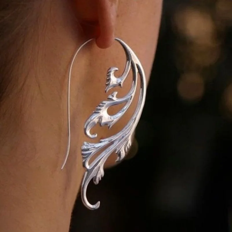 Einfache, modische, geometrisch geschnitzte Phoenix-Flügel-Ohrhänger für Frauen, Persönlichkeit, Temperament, versilberter Ohrschmuck