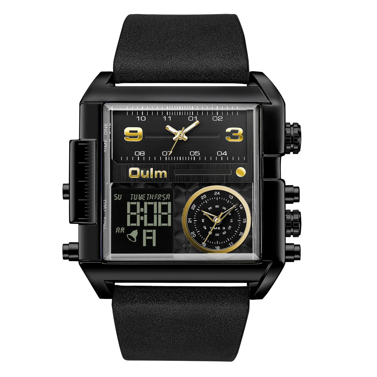 Fashion Oulm Top Brand Square Gold Multifunctional Leather Men Leisure Quartz Electronic Dual Movement Sports Water Meter Watch