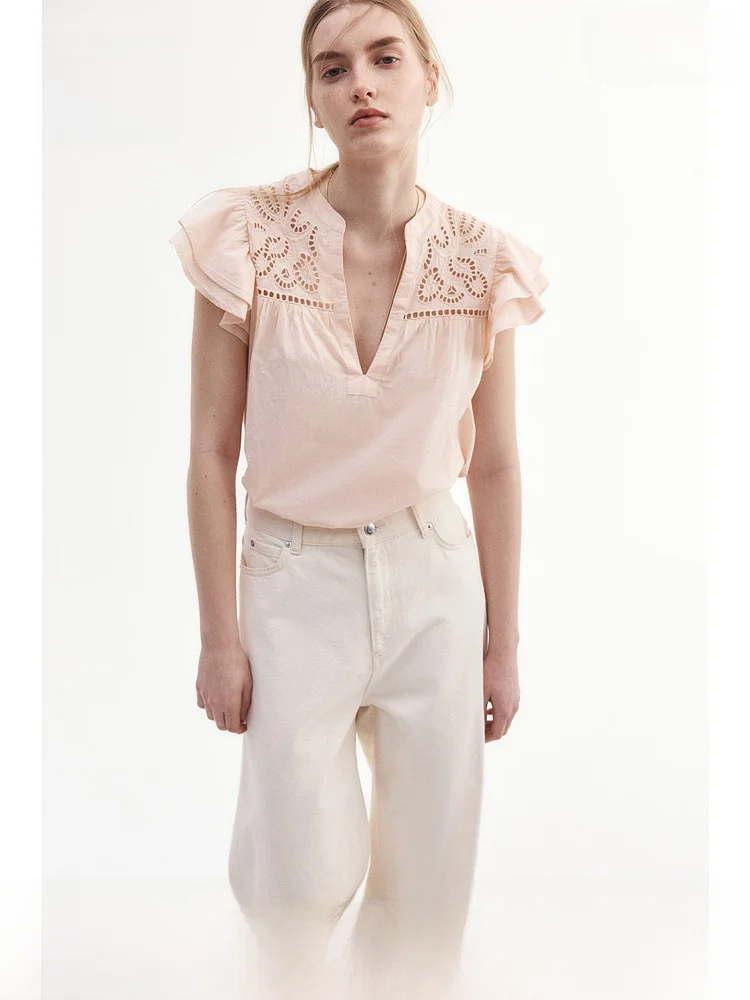 

H&M Women's irt Hollow out Embroidery V-Ne Princ Sle Cotton ort Sve Color Spring 2025 Faion Trend