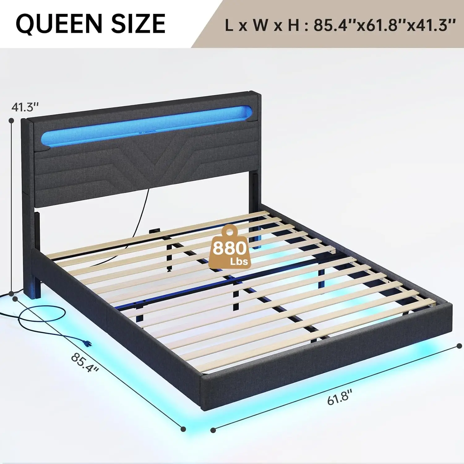 Marco de cama flotante grande con cabecero de luz LED RGB, combinación de potencia de USB-C/A, cama de plataforma acolchada de lino