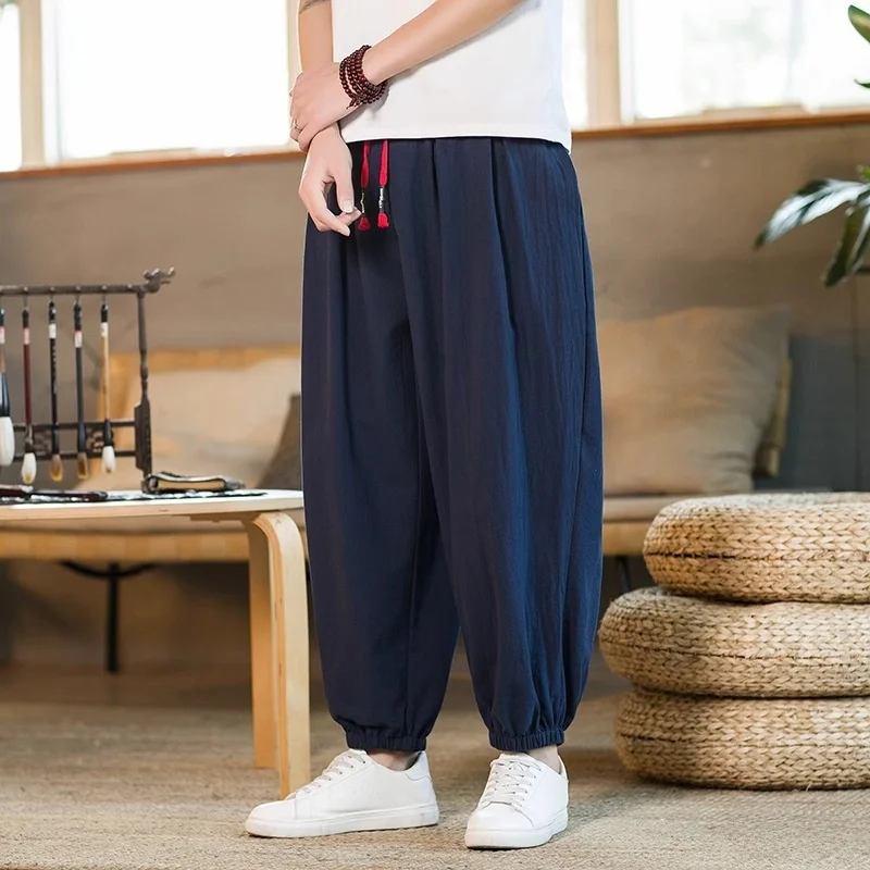 

Loose Wide Leg Harem Pants for Men Cotton Linen Trousers High Waist Nine Points Casual Spring Autumn Winter Men's Clothing