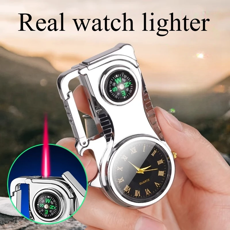 

Outdoor Multifunctional Compass Keychain Real Watch with Light Windproof Red Flame Inflatable Lighter Cigarette Accessories