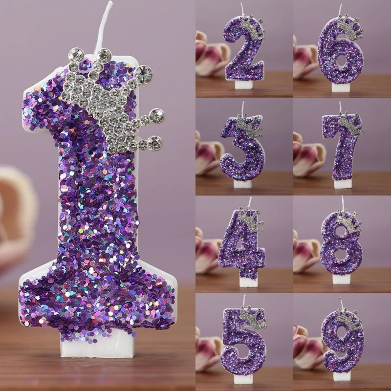 Purple Crown With Sequins Birthday Candles for Cake,Number 0-9 Candle Cake Topper For Women Birthday Celebrations Supplies