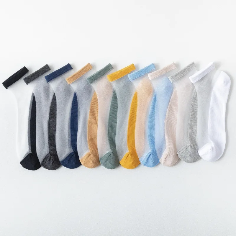 3 Pairs Summer No Show Silk Socks Mens Cotton Nylon Thin Transparent Breathable Deodorant Invisible Ankle Socks Street Fashion