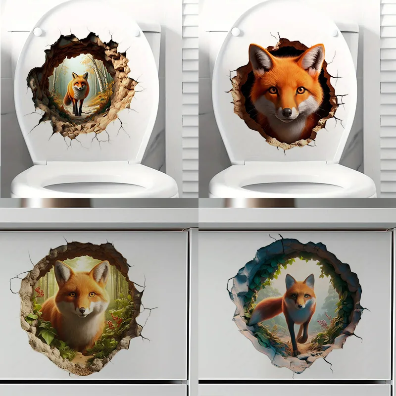 

T2146#Realistic 3D Fox Toilet Sticker, Self-adhesive Bathroom Home Decoration Wall Sticker, Door Sticker, Refrigerator Sticker