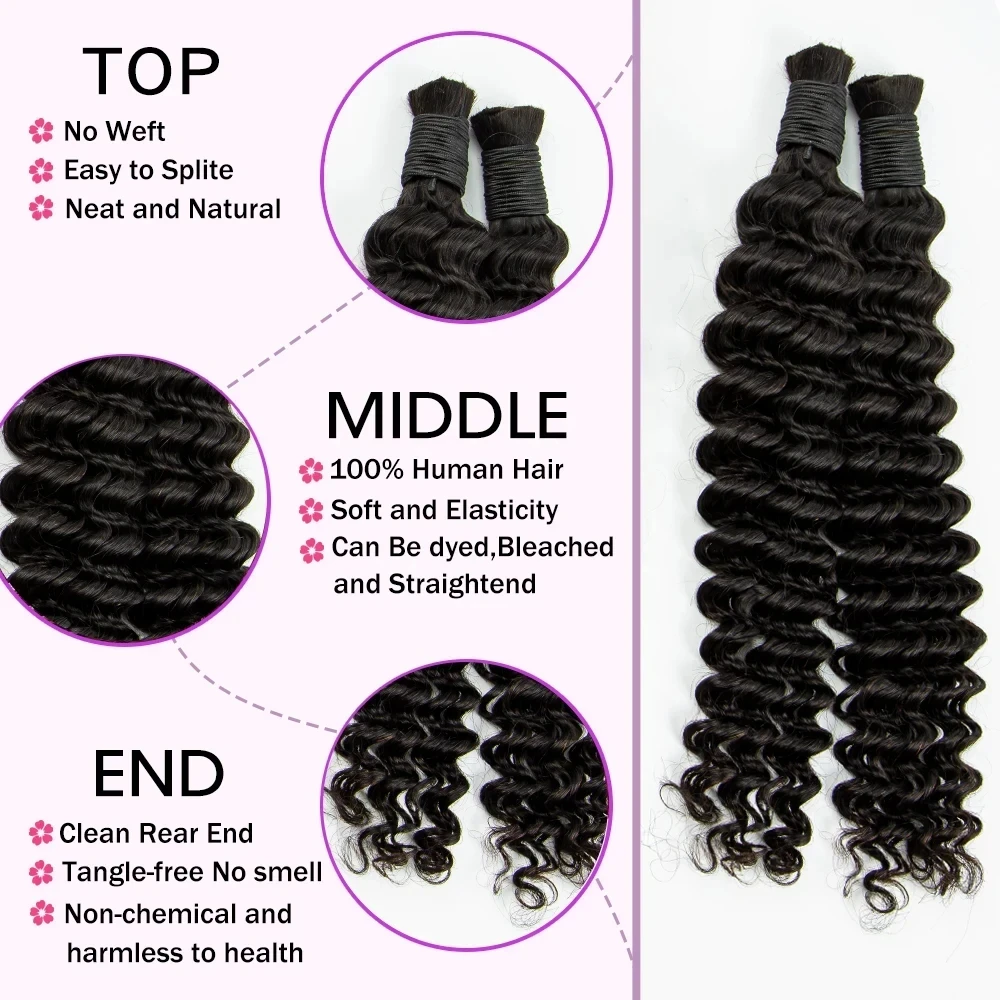 Extensiones de cabello humano 100% Natural, mechones de cabello virgen a granel, ondas profundas, trenzado bohemio, 16-28 pulgadas, sin trama