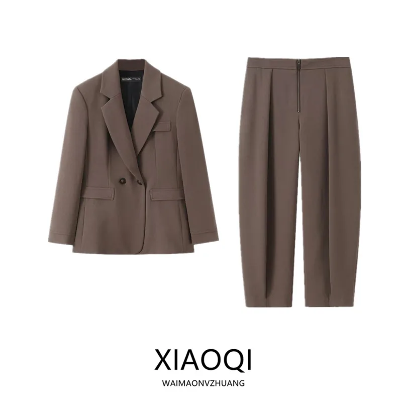 Winter 2025 Women's Fashion Suit Set with Shoulder Pads Double Breasted Long Pants mid Waist Coat Style Commute Windbreaker