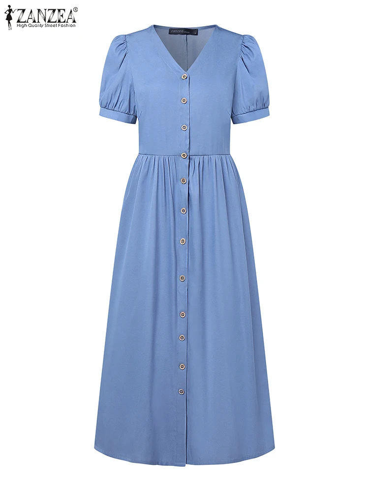 

ZANZEA Woman V-Neck A-line Robes Femme Casual Button Up Elegant Short Puff Sleeve Midi Dresses 2025 Summer Denim-Look Long Dress