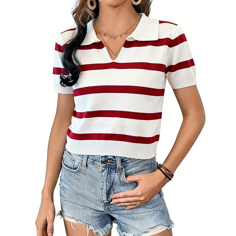 

Women's Striped Polo Collared Knit Top Short Sleeve Sweater Shirt Crop Top Women Preppy Classic Chic Spring Summer 2026