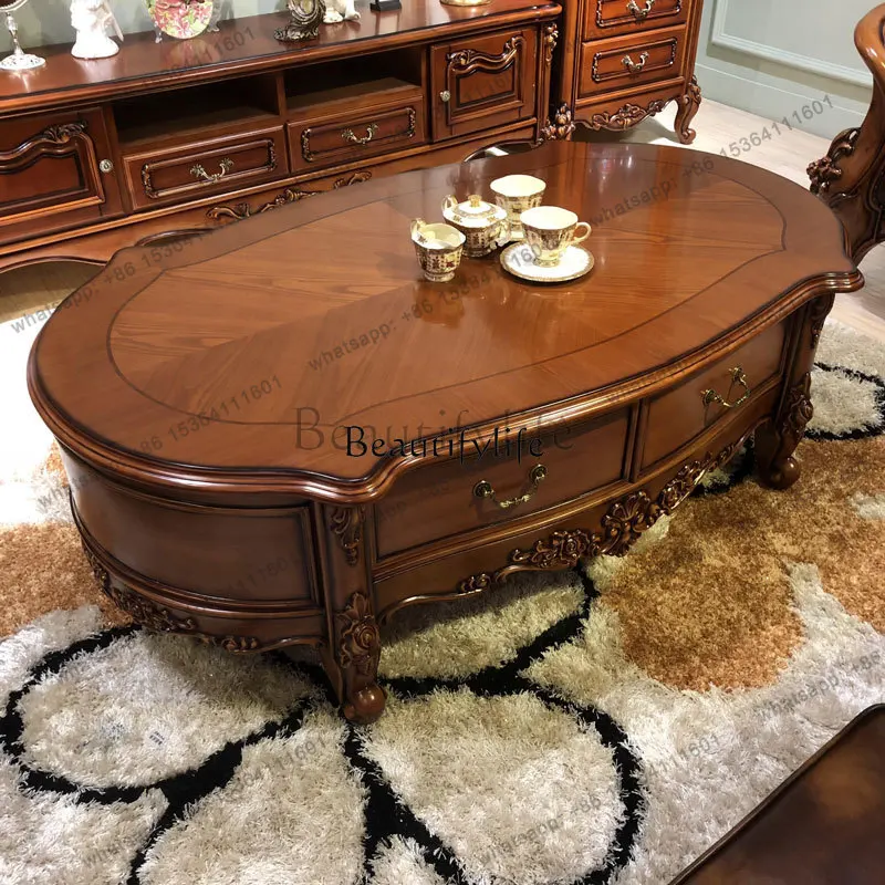 

European solid wood coffee table, neoclassical solid wood carving flower dark oval tea table furniture