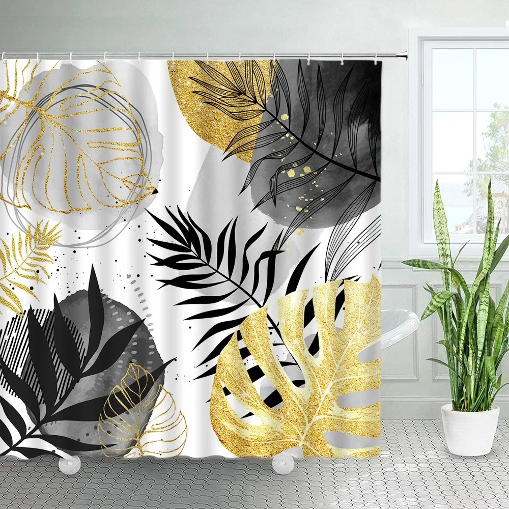 Gold Black Leaves Shower Curtains Tropical Plants Monstera Palm Leaf Creative Ink Art Fabric Bathroom Decor Bath Curtain Sets