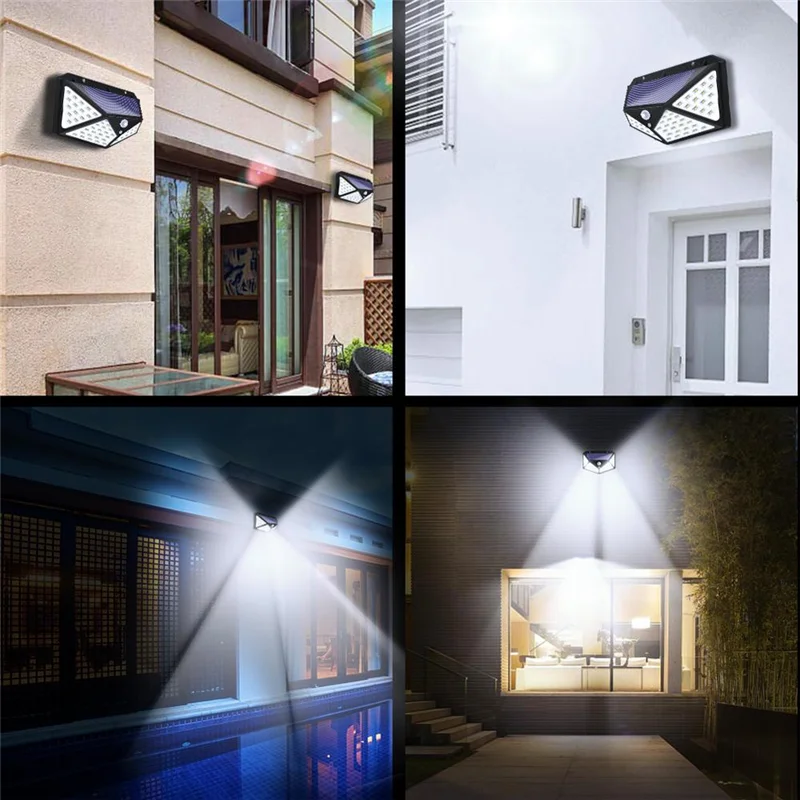 Paquete de 12 luces solares inalámbricas para exteriores, 100 LED, Sensor de movimiento, impermeables, iluminación de pared de seguridad para patio trasero