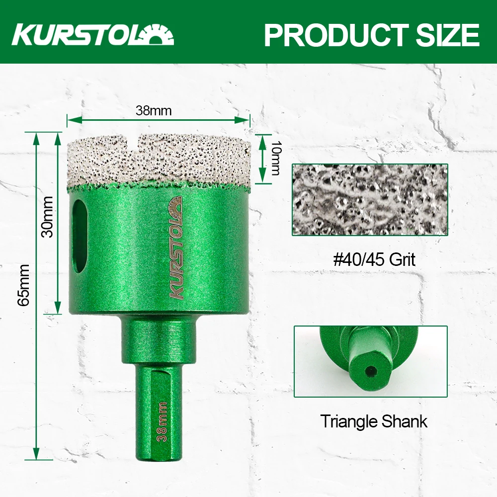 Imagem -02 - Kurstol-diamante Núcleo Brocas Buraco Saw Opener Triângulo Haste Porcelana Cerâmica Granito Mármore Pedra Azulejo 38 mm pc Pcs