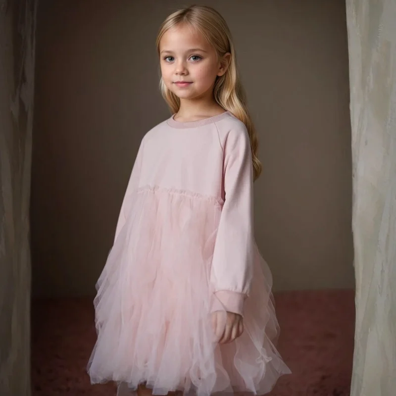 

Spring Children Clothing Sweet Children Knitted Tutu Dress Korean Children Pink Knitted Splicing Yarn Dress Vestidos Elegant