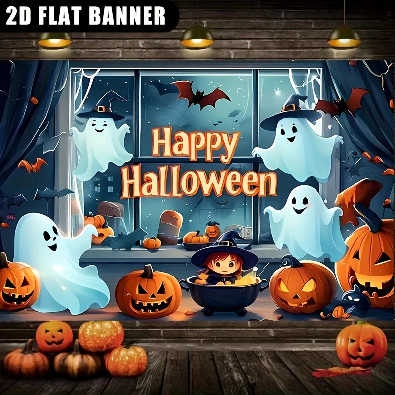 Bannière plate 2D 1 pièce - Bannière d'Halloween mignonne et joyeuse sur le thème de la tête de citrouille de sorcière magique bleue. PMJ