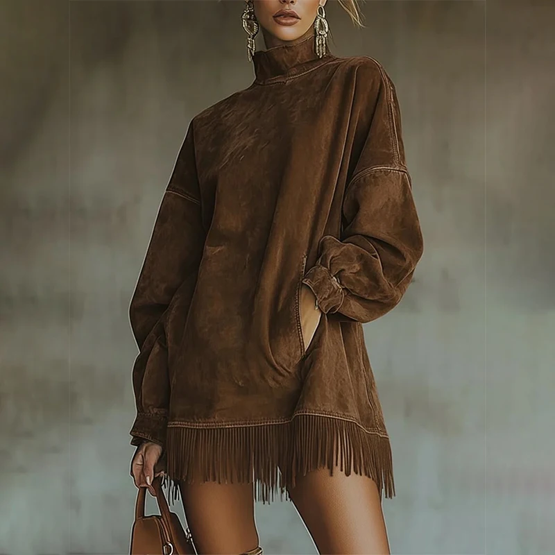 

Retro Suede Tassel Women Mini Dress High Neck Long Sleeve Pockets Fringe Hem Party Dress American Retro Autumn Street Dress