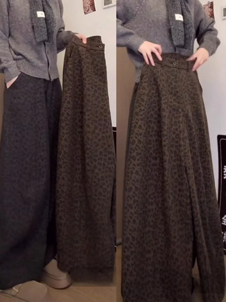 Retro leopardo impressão fce forrado calças casuais femininas outono inverno novo tamanho grande cintura alta solta emagrecimento drapeado perna larga...
