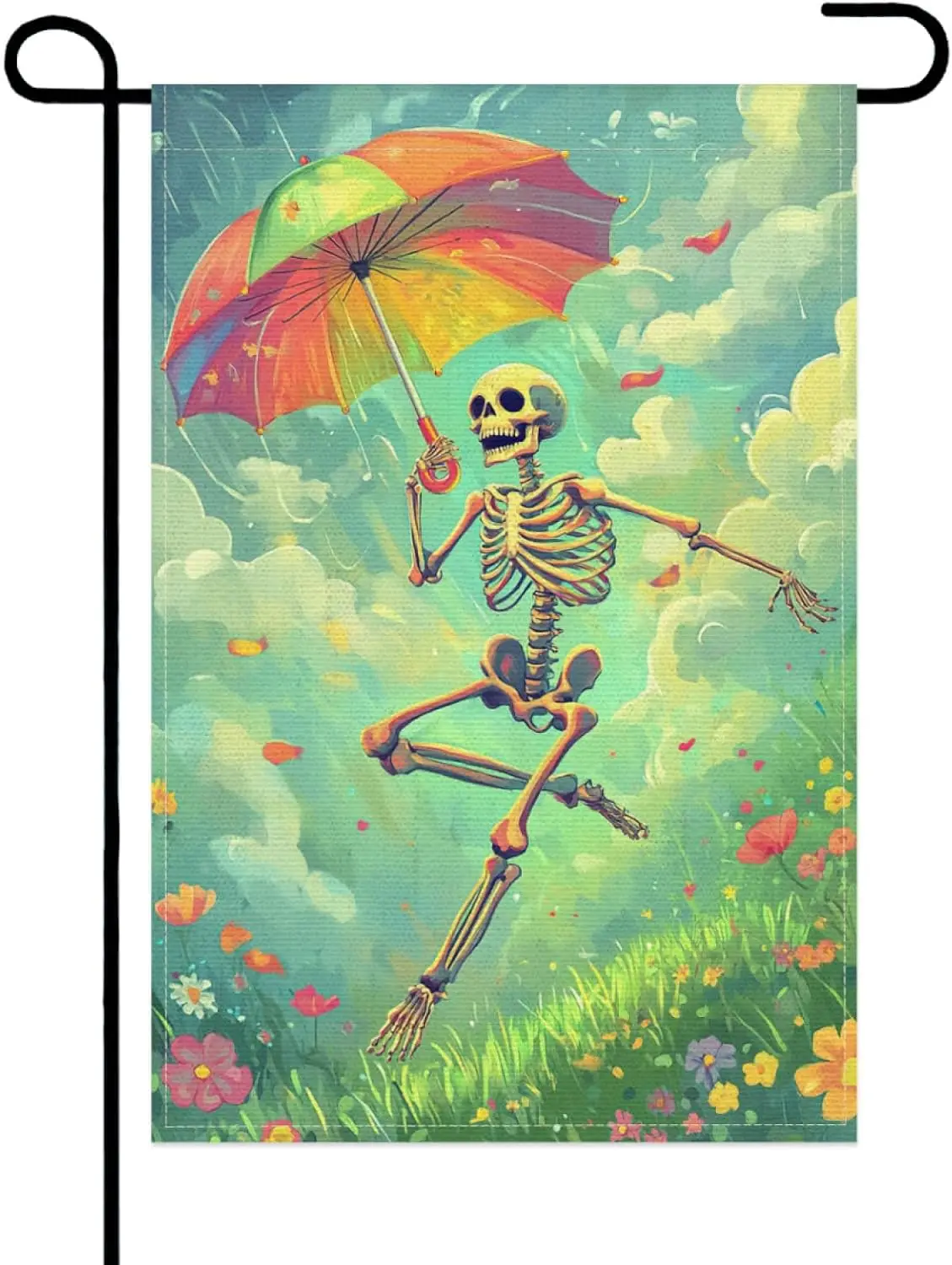 Funny Skeleton with Umbrella Floral Garden Flag 12x18 Inch Skull Double Sided Flags for Outside Farmhouse Yard Outdoor Decor uui