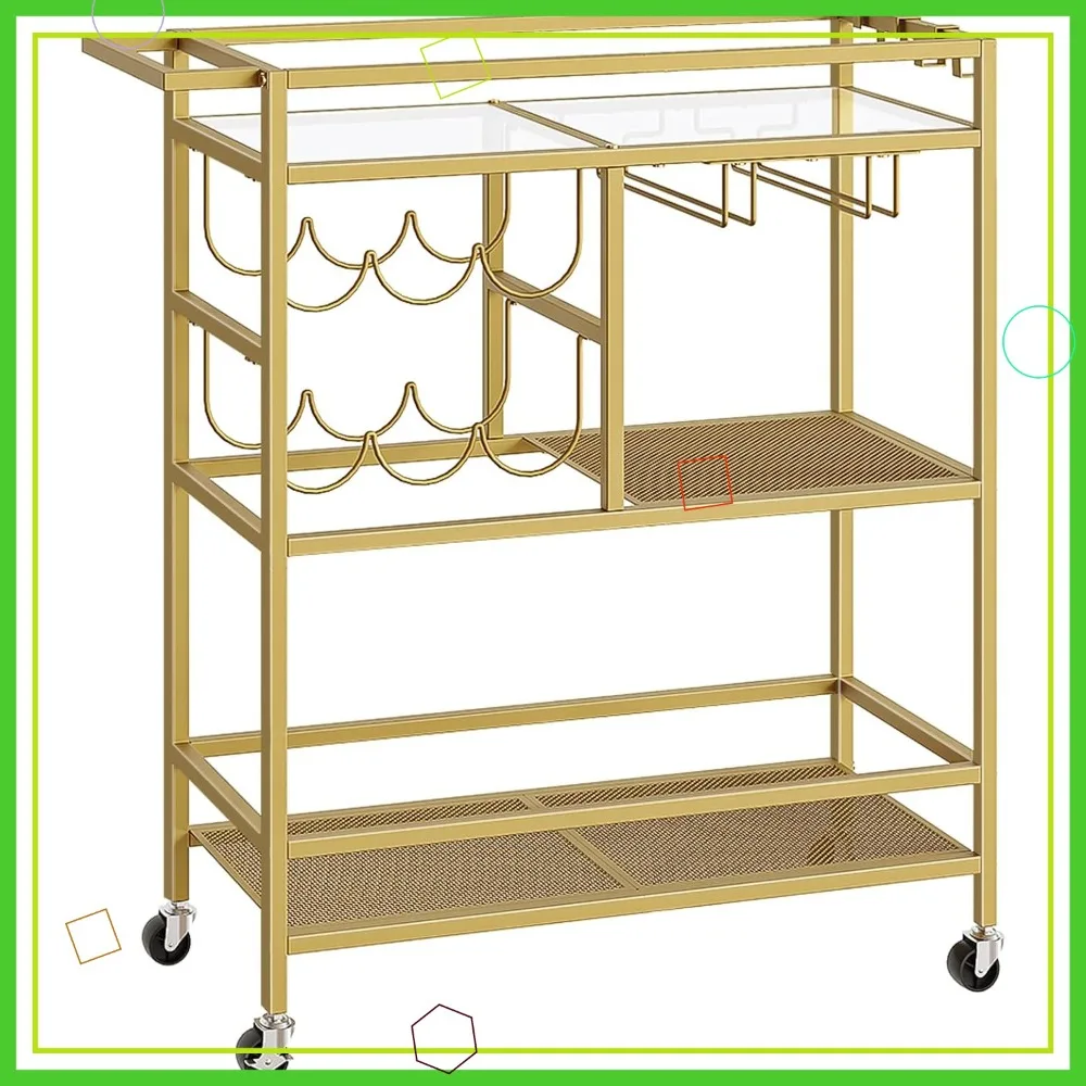 

Трехуровневая тележка-бар на колесиках с ручкой, подставкой для вина и держателями для бокалов для кухни или столовой, золотистого цвета