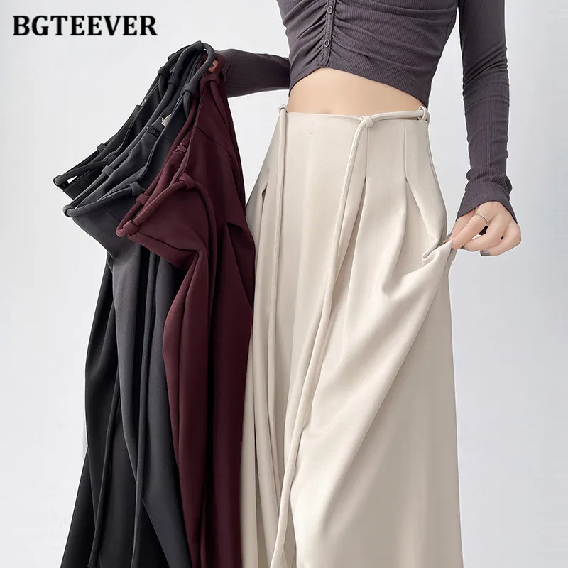 

BGTEEVER Fashion Lace-up Female Wide Leg Trousers Elegant Loose Floor-Length Women Suit Pants