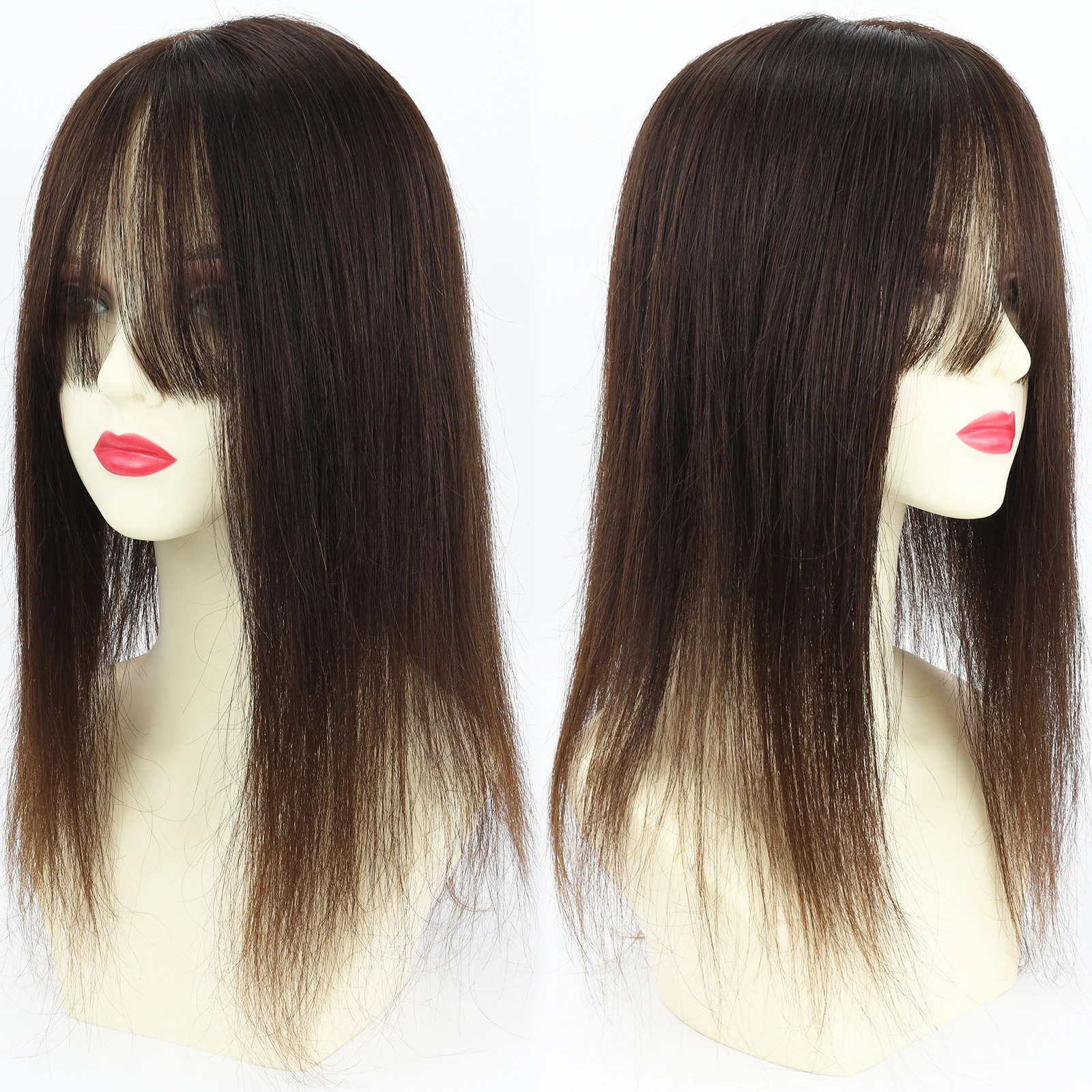 بني داكن 150% كثافة الشعر البشري توبر مع الانفجارات الحرير الجلد قاعدة الشعر المستعار مع مقاطع في 15x16 سنتيمتر غطاء قاعدة الحرير للنساء