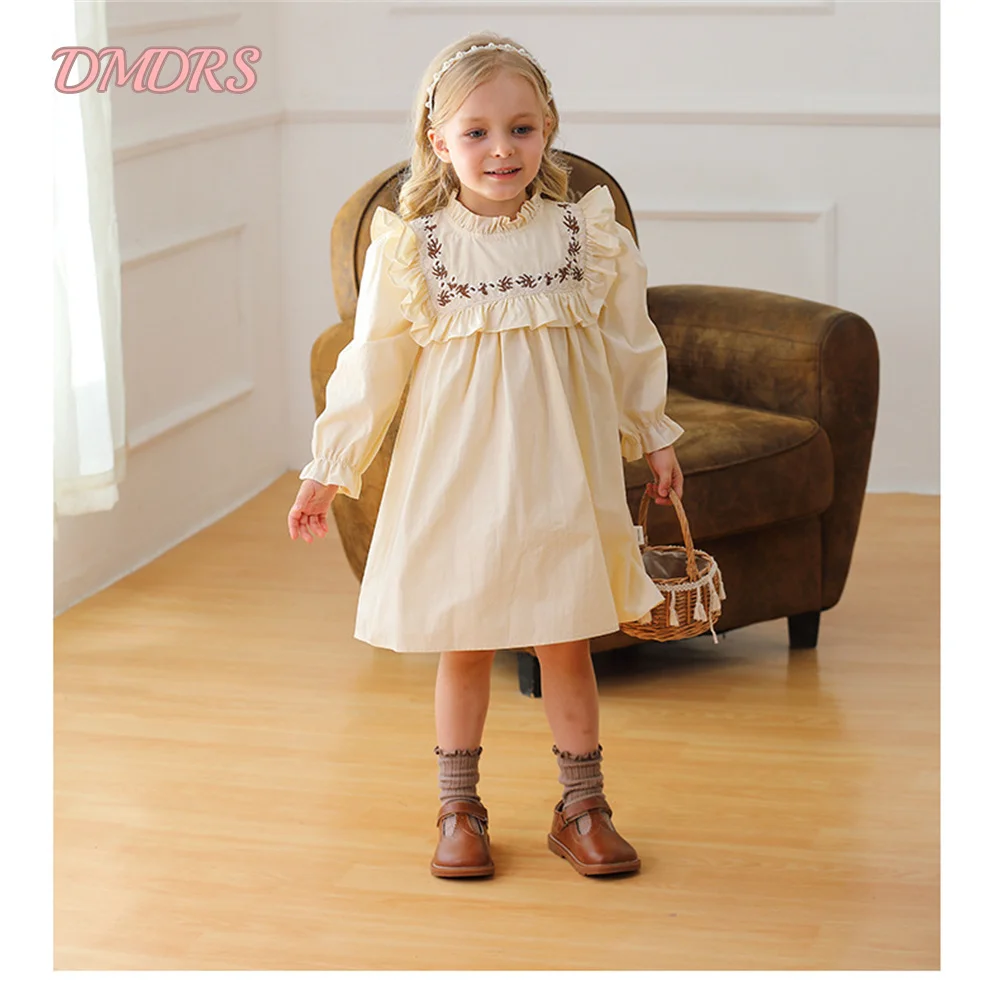 Cute Autumn Winter New Girl's Solid Color Dress TOP Cotton Embroidery Skirt Elegant Round Neck Long Sleeve Dress Vestidos De Nov