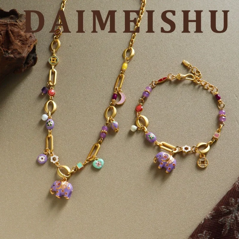 Original Dripping Enamel Floral Elephant Amethyst Pendant Adjustable Choker for Women Luxury Minimalist Sophisticated Jewelry