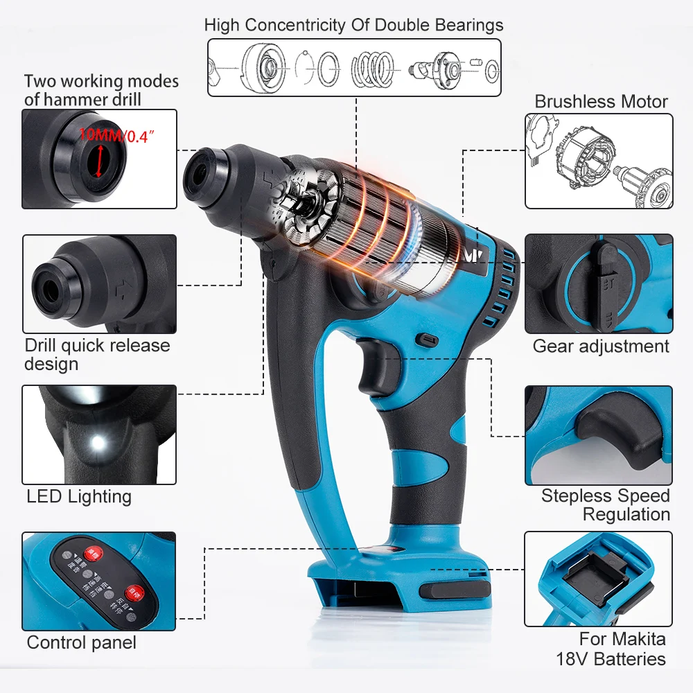 Brushless Cordless Electric Drill Rotary Hammer 4 Modes Drill Demolition Hammer Rechargeable Power Tool for Makita 18V Battery