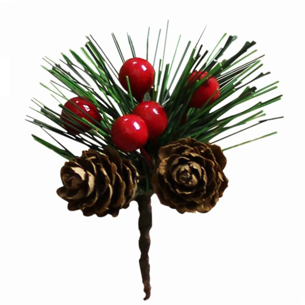 50Pcs Mini Simulation Christmas Pine Picks Stems Artificial Creative Pine Needle Berry Plant for Xmas Party Home Decor