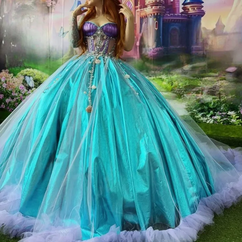 

Customized princess blue Quinceanera Dresses Off the Shoulder Lace applique crystal shell Long tail Vestido 15 Quinceanera