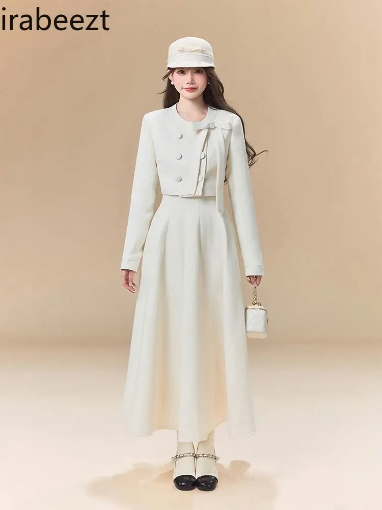 French Pearl Bow Breasted A-line Silhouette Long Skirt Fashion Set Retro Two-piece Women White Suit Women Blazer Set