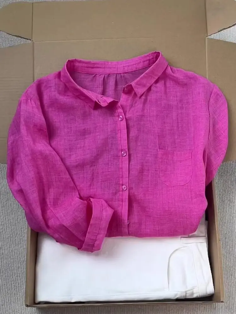 

Raspberry Color Flax Cotton Linen Shirt Women's Lazy Thin Style Anti-Uv Comfortable Summer Spring New Arrival City Commute