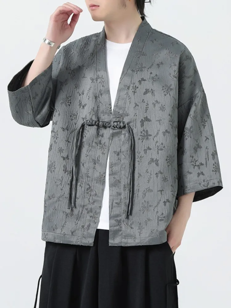 

New Chinese Style Embroidered Shirt Short Sleeve Men Summer Thin Cardigan Seven Sleeve Outerwear Wind Tang Costume Improved H...