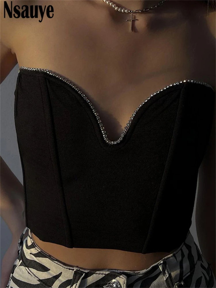 Nsauye Y2K Sleeveless Vintage Bustier Corset Tops Women Night Club Sexy Backless Off Shoulder Diamonds Black Tube Crop Tops 2022