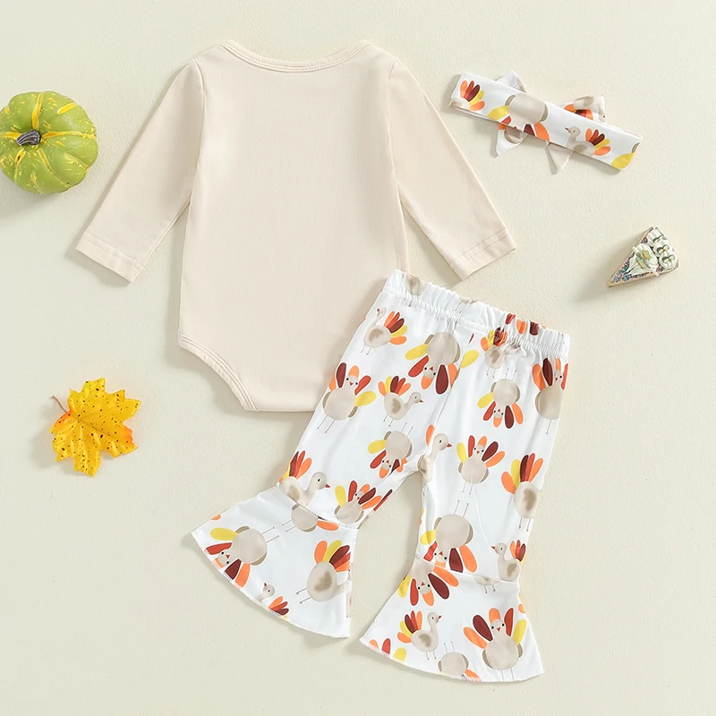 2024-05-14 Lioraitiin Baby Girl Thanksgiving Outfit, Letter Print Long Sleeve Romper Turkey Print Flare Pants Tie Headband Set