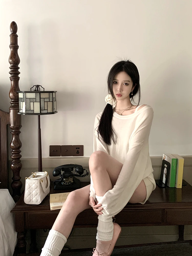 

oulder Bared Knitted T irt Women's Thin Long Sve Spring Autumn New Sle Hot Girl Long Sunade Cover up Top