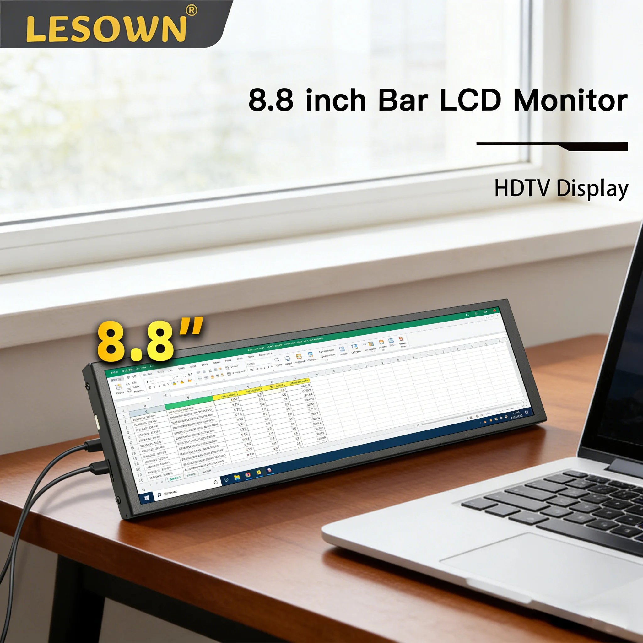 

LESOWN Stretched Strip Display 8.8inch Portable 480x1920 Monitor Ultra Slim External Auxiliary Screen for Excel PC Mini Monitor