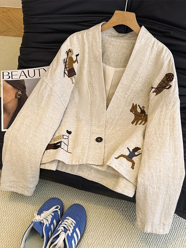 Elegant Embroidered Cotton Linen Jacket Women's Early Autumn Short V-neck Long Sleeve Top Button Closure Pure Color Design