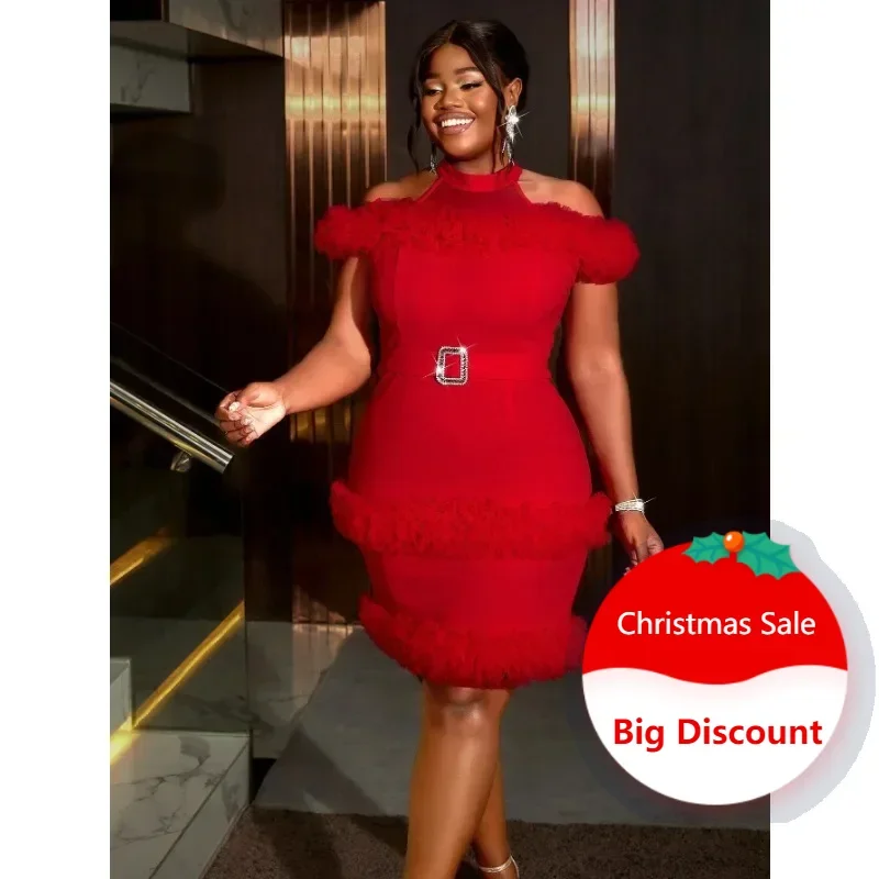 

Customized 2025 New Trendy Women Red Mesh Patchwrok Hem Mini Dress Sexy Cold Shoulder Sleeveless Bodycon Prom Birthday Club Cele