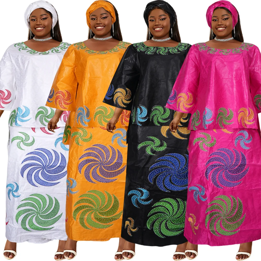 

2024 African Dresses for Women Rhinestone Tops Skirt Scarf Dubai Abayas Kaftan Loose Boubou Robe Africa Clothing Ankara Dashiki