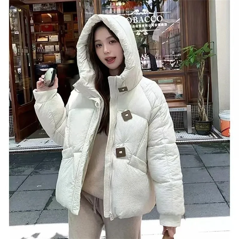 

Women's Parka Short Cotton Jacket Winter Coat with Hat Three-Proof Square Buckle Design Casual Fashionable Puffer Jacket