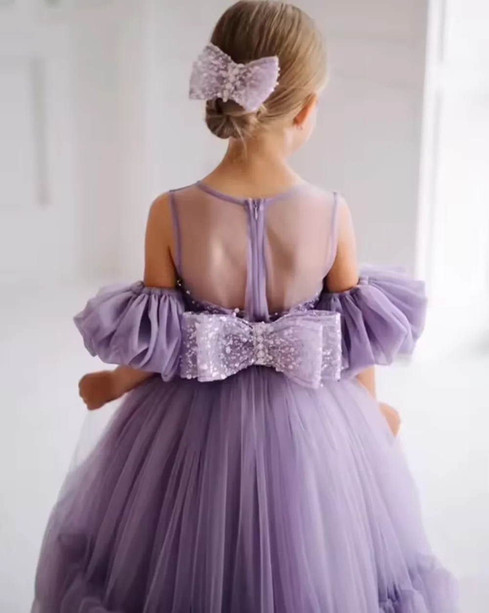 Vestidos morados de tul con flores para niña, vestido sin mangas con cuello redondo, vestido de fiesta de graduación, vestido de princesa con lentejuelas para niño personalizado