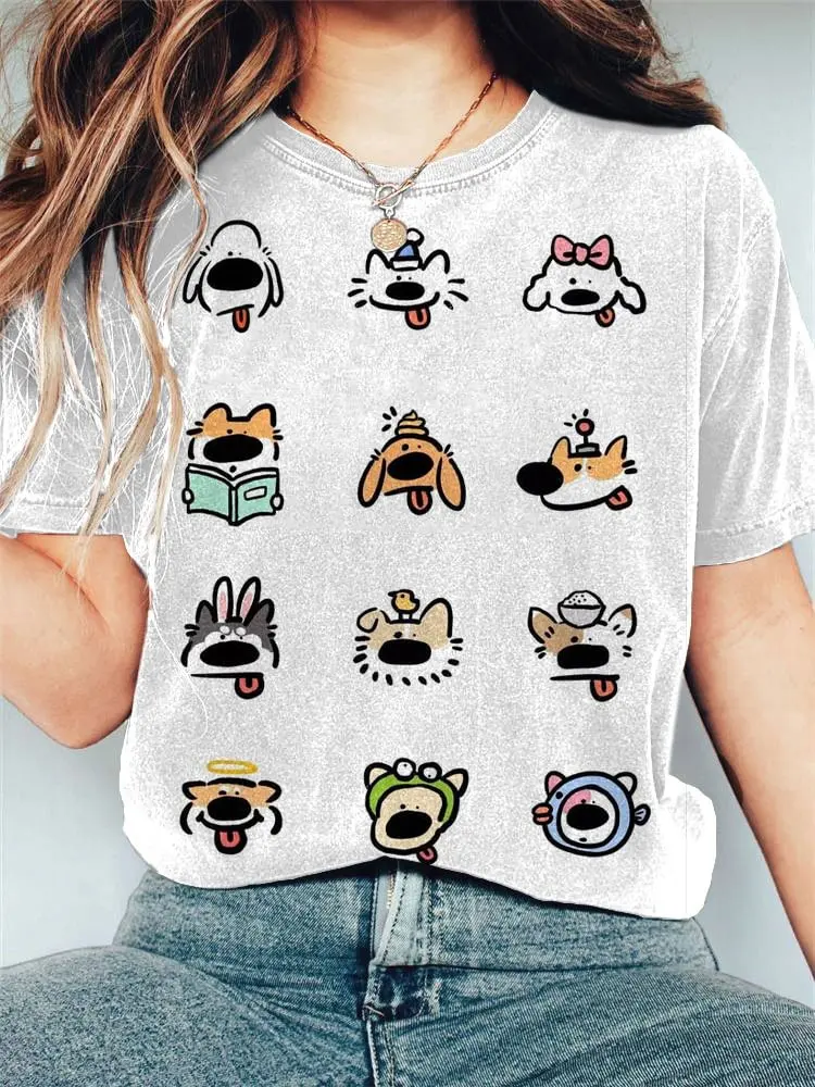 Summer Girls T shirt O neck Short Sleeved Breathable Shirt  Casual Cartoon Little Dog Head Print