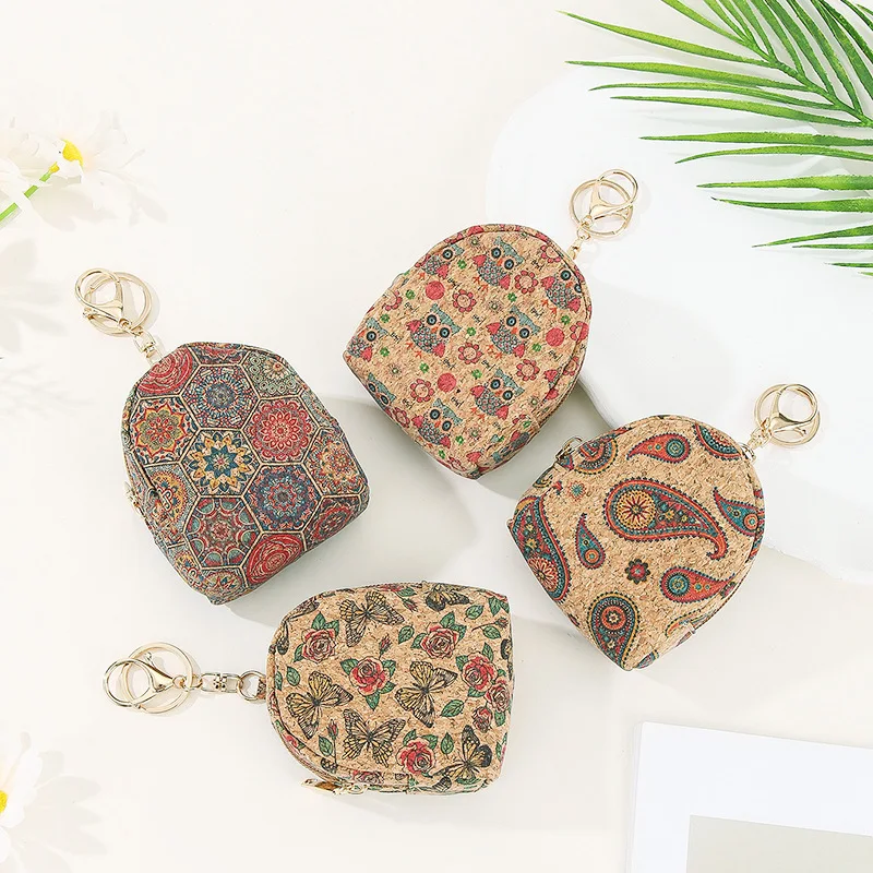 Retro Pattern Cork Cute Coin Purse with Keychain Bag Small Hanging Ornament Earphone Key Lipstick Storage Pouch Zipper Clutch