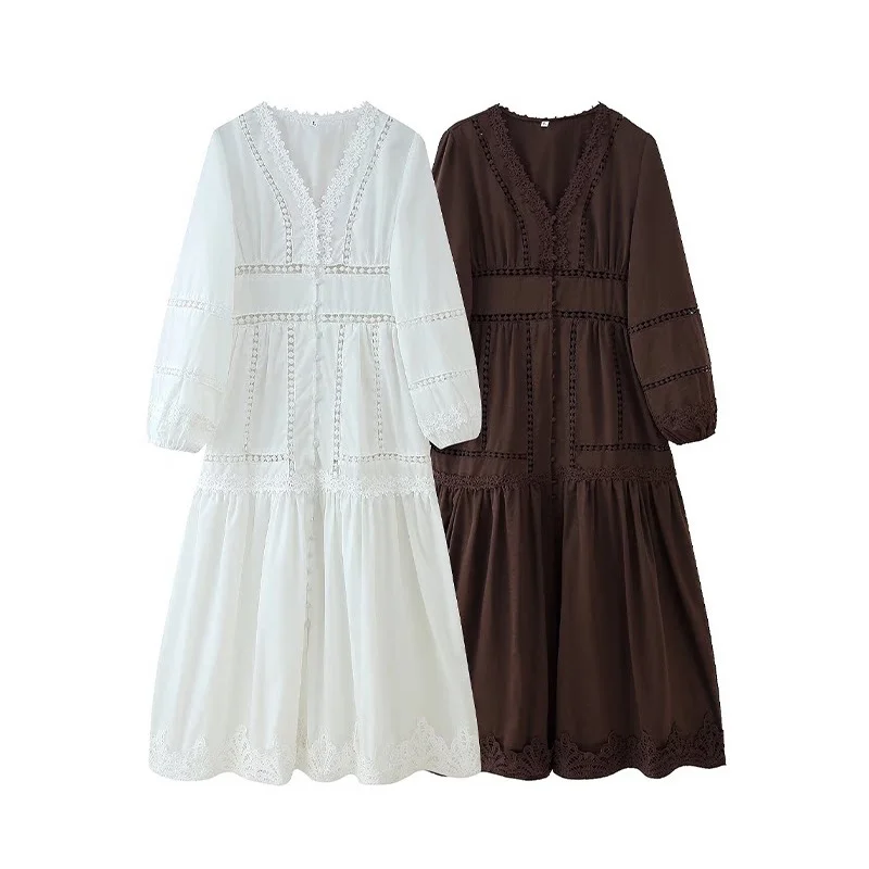Elegant V-Neck Lace Trim Midi Dress for Women - Long Sleeve Button Down Hollow Out Casual Long Dress for Spring Summer Daily