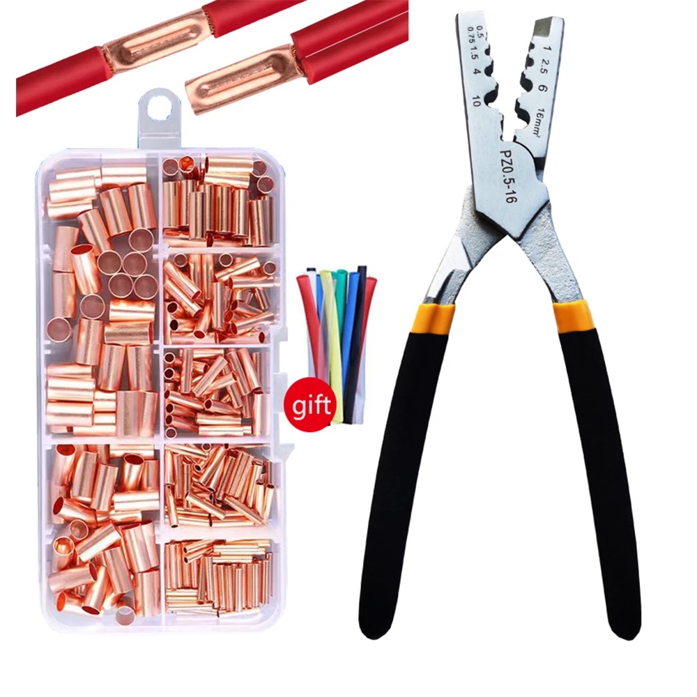 250pcs GT Copper Connecting Pipe Wire Joint Small Copper Tube Terminal Cable Lug Bootlace Ferrule Kit with Crimping Pliers