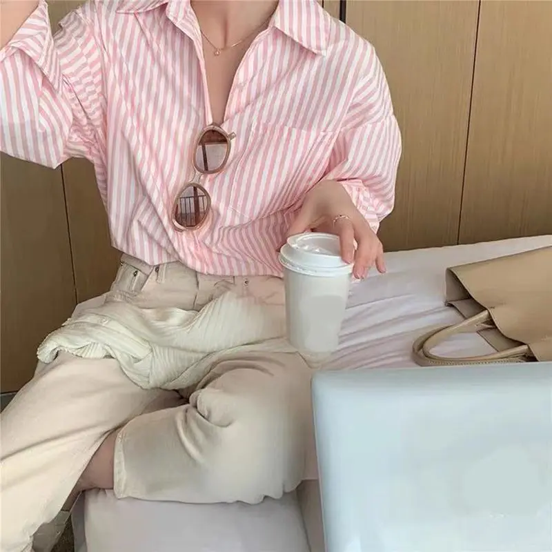 Korean 2024 Spring New Simplicity Lapel Collar Comfortable Tops Women Fashion Stripe Color Blocking Long Sleeved Loose Shirt